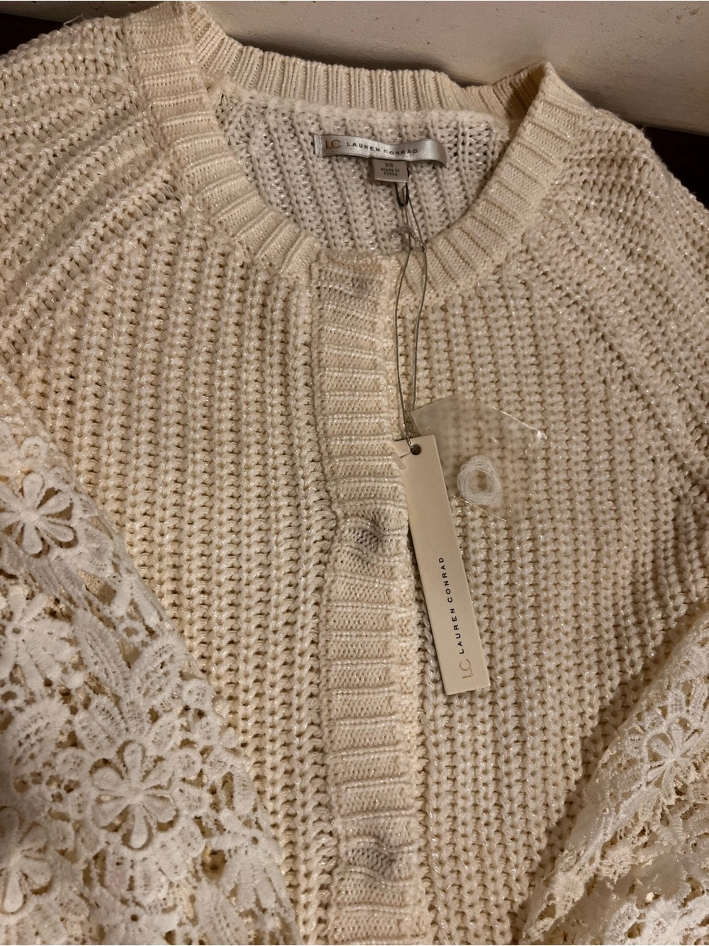 Chunky Knit Crochet Floral Long Sleeves Oversized Cream Cottagecore Cardigan - Picture 7 of 12